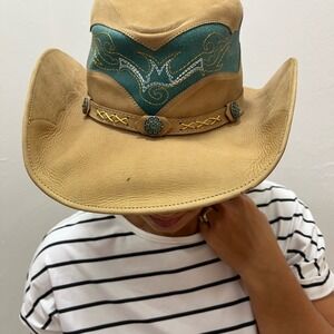Austin Leather Dawn Cowboy Hat Unisex Large Tan‎ Embroidered Teal Inlay 15-012